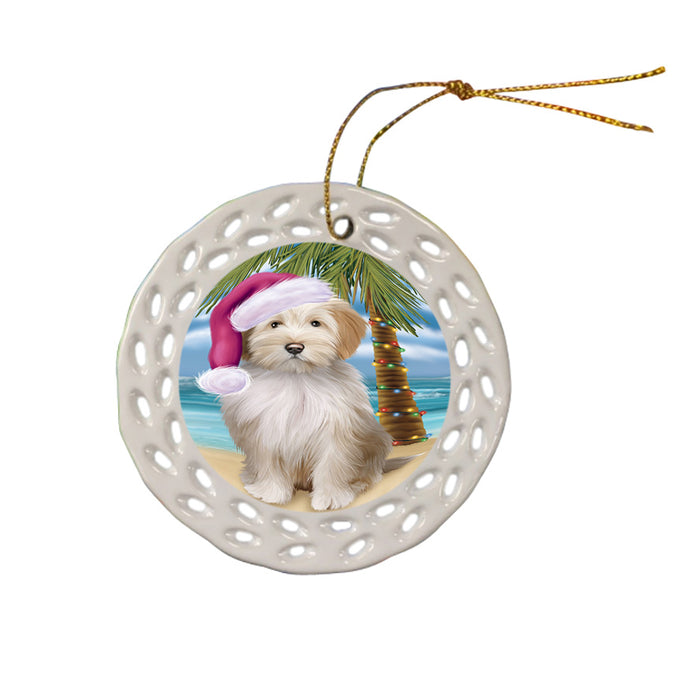 Summertime Happy Holidays Christmas Tibetan Terrier Dog on Tropical Island Beach Ceramic Doily Ornament DPOR54590