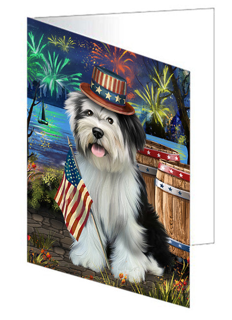 4th of July Independence Day Fireworks Tibetan Terrier Dog at the Lake Handmade Artwork Assorted Pets Greeting Cards and Note Cards with Envelopes for All Occasions and Holiday Seasons GCD57740