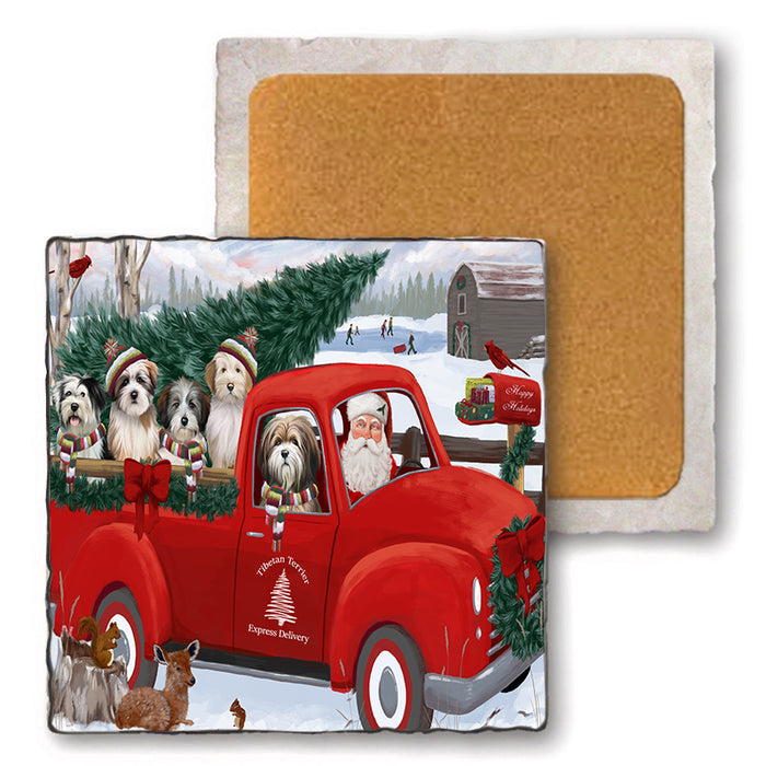 Christmas Santa Express Delivery Tibetan Terriers Dog Family Set of 4 Natural Stone Marble Tile Coasters MCST50073