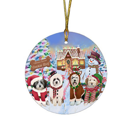 Holiday Gingerbread Cookie Shop Tibetan Terriers Dog Round Flat Christmas Ornament RFPOR56982