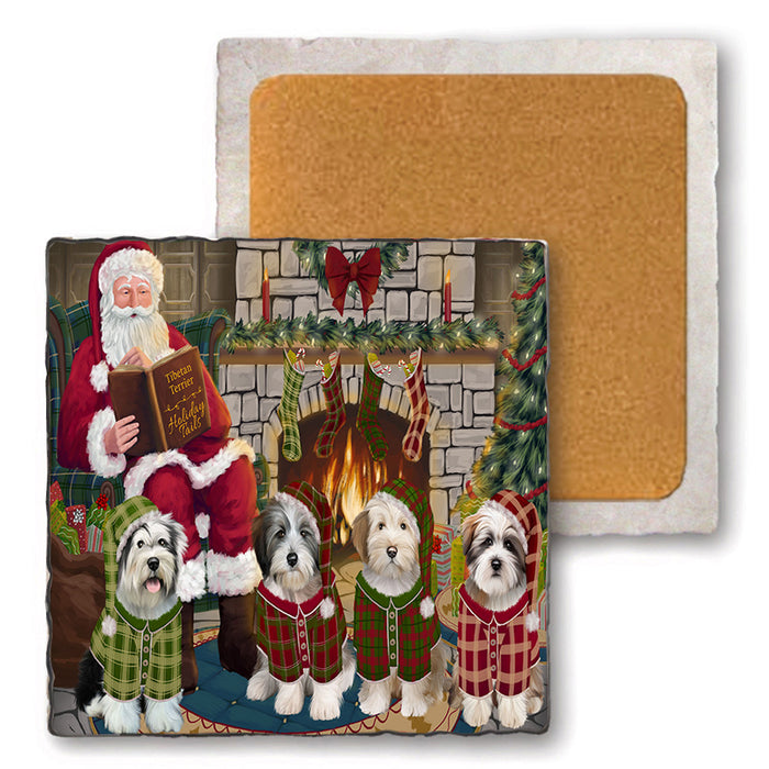 Christmas Cozy Holiday Tails Tibetan Terriers Dog Set of 4 Natural Stone Marble Tile Coasters MCST50394