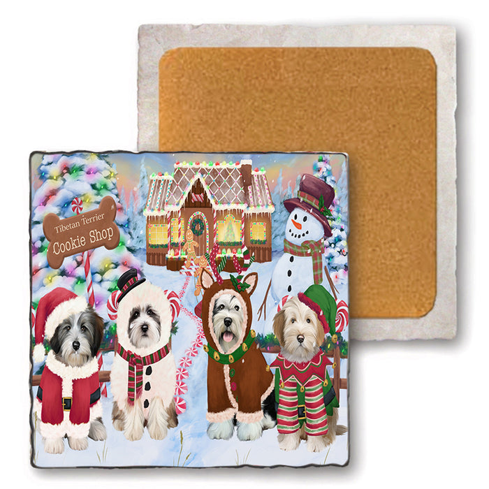 Holiday Gingerbread Cookie Shop Tibetan Terriers Dog Set of 4 Natural Stone Marble Tile Coasters MCST51626