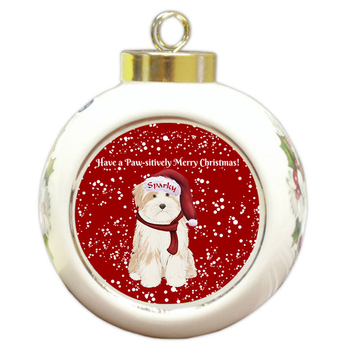 Custom Personalized Pawsitively Tibetan Terrier Dog Merry Christmas Round Ball Ornament