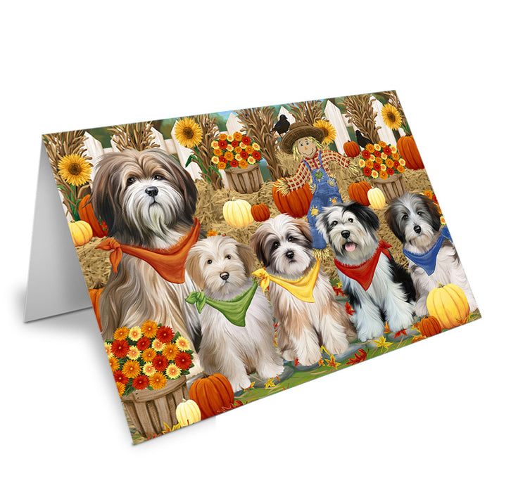 Fall Festive Gathering Tibetan Terriers Dog with Pumpkins Handmade Artwork Assorted Pets Greeting Cards and Note Cards with Envelopes for All Occasions and Holiday Seasons GCD56453