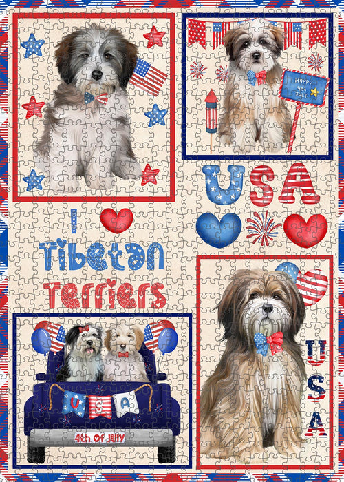 4th of July Independence Day I Love USA Tibetan Terrier Dogs Portrait Jigsaw Puzzle for Adults Animal Interlocking Puzzle Game Unique Gift for Dog Lover's with Metal Tin Box