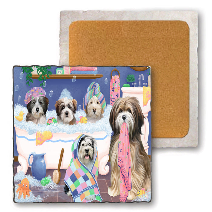 Rub A Dub Dogs In A Tub Tibetan Terriers Dog Set of 4 Natural Stone Marble Tile Coasters MCST51829