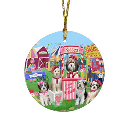 Carnival Kissing Booth Tibetan Terriers Dog Round Flat Christmas Ornament RFPOR56400