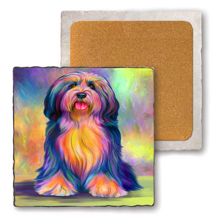 Paradise Wave Tibetan Terrier Dog Set of 4 Natural Stone Marble Tile Coasters MCST51740