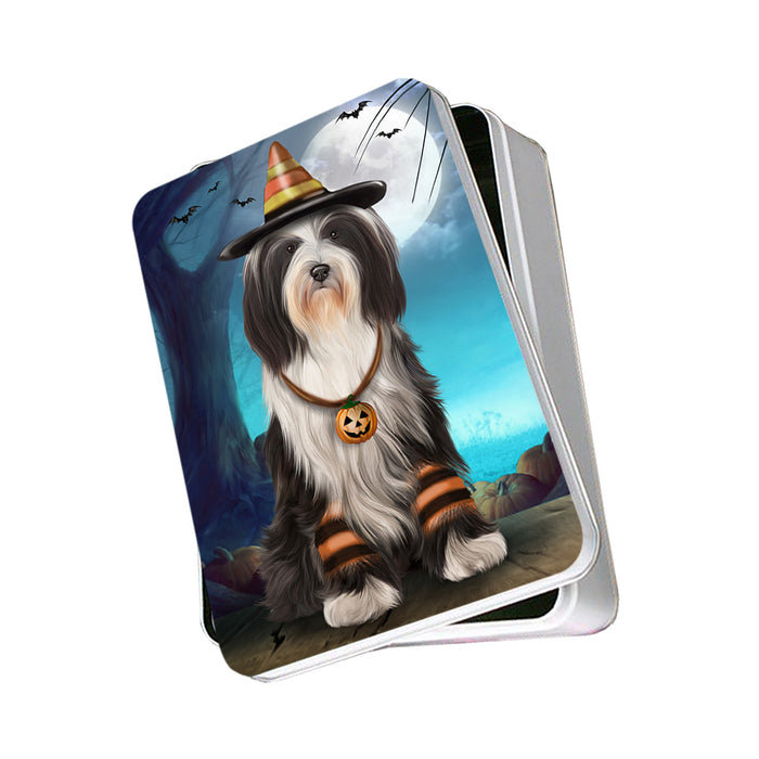 Happy Halloween Trick or Treat Tibetan Terrier Dog Candy Corn Photo Storage Tin PITN52513