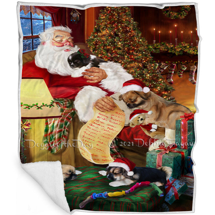 Tibetan Spaniel Dog and Puppies Sleeping with Santa Blanket