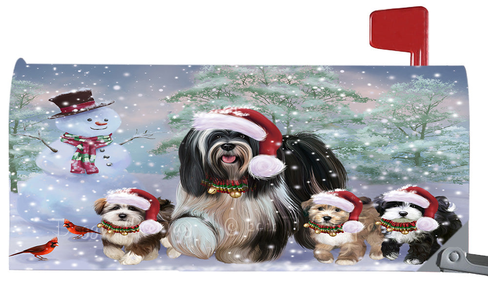 Christmas Running Family Tibetan Terrier Dogs Magnetic Mailbox Cover Both Sides Pet Theme Printed Decorative Letter Box Wrap Case Postbox Thick Magnetic Vinyl Material