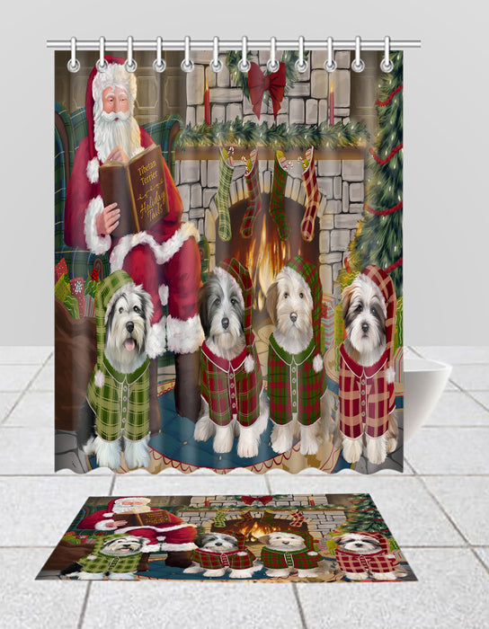 Christmas Cozy Holiday Fire Tails Tibetan Terrier Dogs Bath Mat and Shower Curtain Combo
