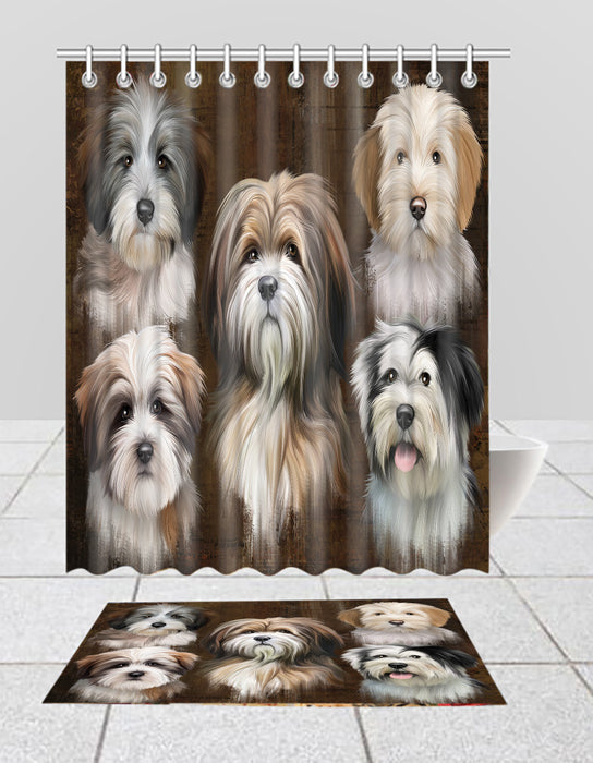 Rustic Tibetan Terrier Dogs  Bath Mat and Shower Curtain Combo