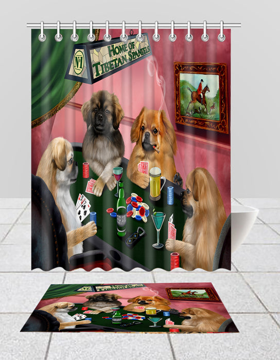 Home of  Tibetan Spaniel Dogs Playing Poker Bath Mat and Shower Curtain Combo