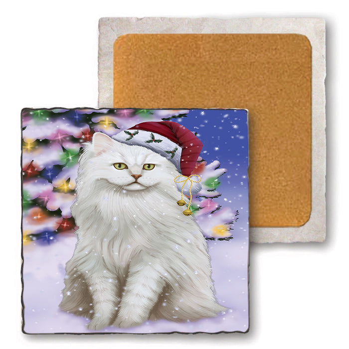 Winterland Wonderland Tiffany Cat In Christmas Holiday Scenic Background Set of 4 Natural Stone Marble Tile Coasters MCST50742