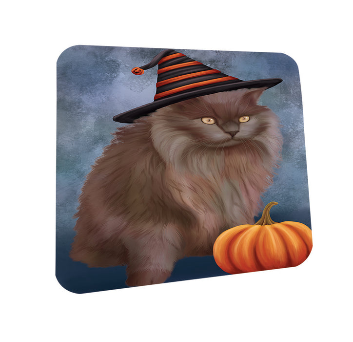 Happy Halloween Tiffany Cat Wearing Witch Hat with Pumpkin Coasters Set of 4 CST54784