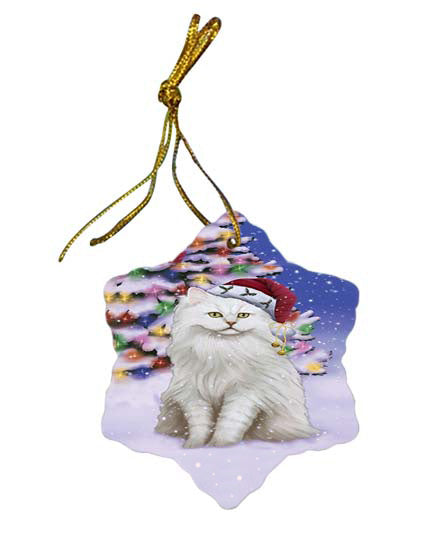 Winterland Wonderland Tiffany Cat In Christmas Holiday Scenic Background Star Porcelain Ornament SPOR56098