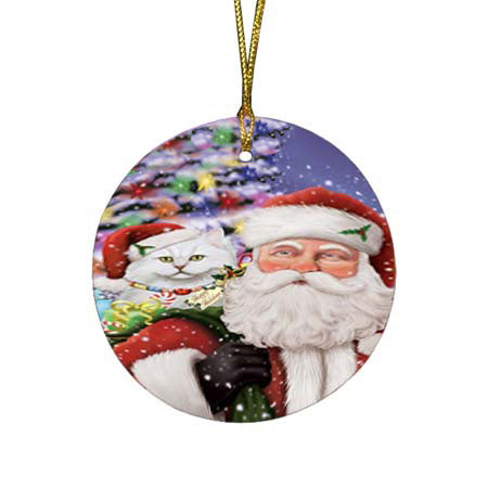 Santa Carrying Tiffany Cat and Christmas Presents Round Flat Christmas Ornament RFPOR55901