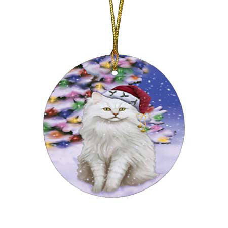 Winterland Wonderland Tiffany Cat In Christmas Holiday Scenic Background Round Flat Christmas Ornament RFPOR56098