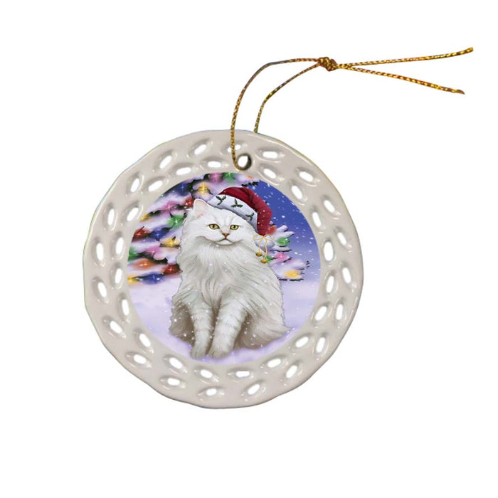 Winterland Wonderland Tiffany Cat In Christmas Holiday Scenic Background Ceramic Doily Ornament DPOR56098