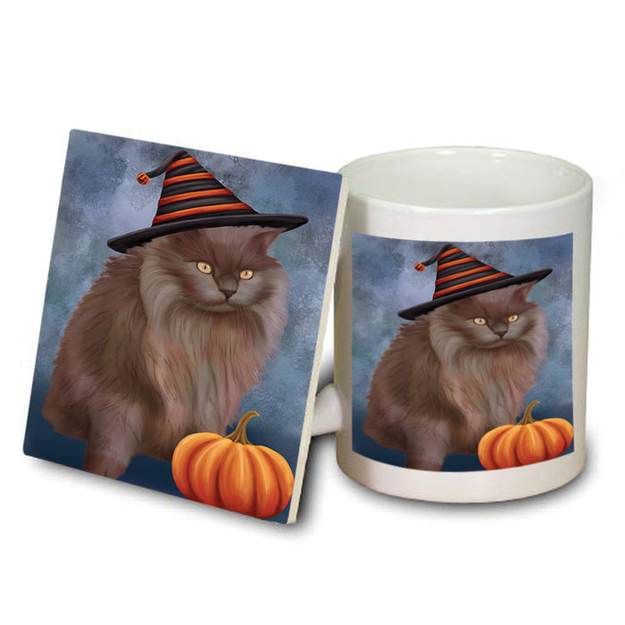 Happy Halloween Tiffany Cat Wearing Witch Hat with Pumpkin Mug and Coaster Set MUC54818