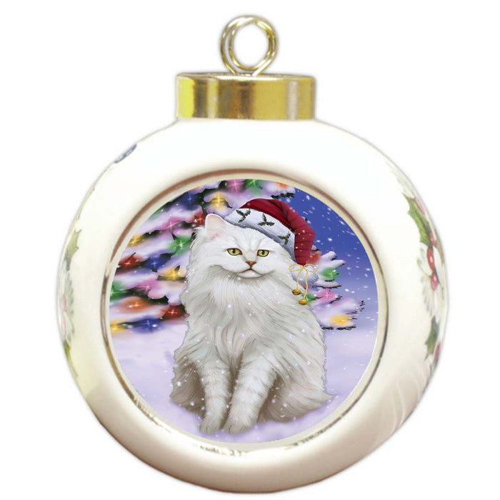 Winterland Wonderland Tiffany Cat In Christmas Holiday Scenic Background Round Ball Christmas Ornament RBPOR56098