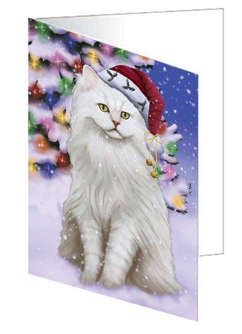 Winterland Wonderland Tiffany Cat In Christmas Holiday Scenic Background Handmade Artwork Assorted Pets Greeting Cards and Note Cards with Envelopes for All Occasions and Holiday Seasons GCD71741