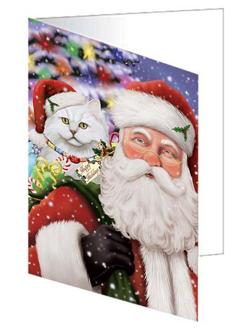 Santa Carrying Tiffany Cat and Christmas Presents Handmade Artwork Assorted Pets Greeting Cards and Note Cards with Envelopes for All Occasions and Holiday Seasons GCD71150