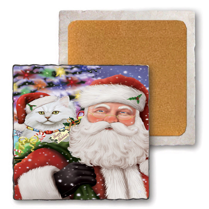 Santa Carrying Tiffany Cat and Christmas Presents Set of 4 Natural Stone Marble Tile Coasters MCST50545