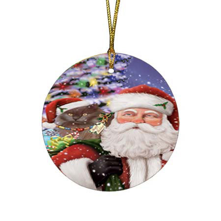 Santa Carrying Tiffany Cat and Christmas Presents Round Flat Christmas Ornament RFPOR55902