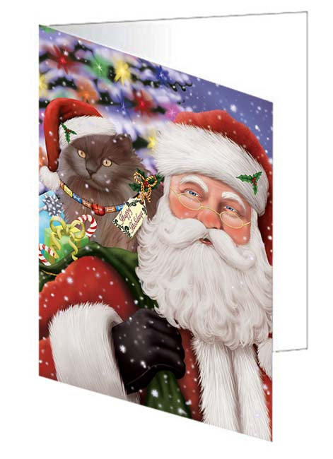 Santa Carrying Tiffany Cat and Christmas Presents Handmade Artwork Assorted Pets Greeting Cards and Note Cards with Envelopes for All Occasions and Holiday Seasons GCD71153
