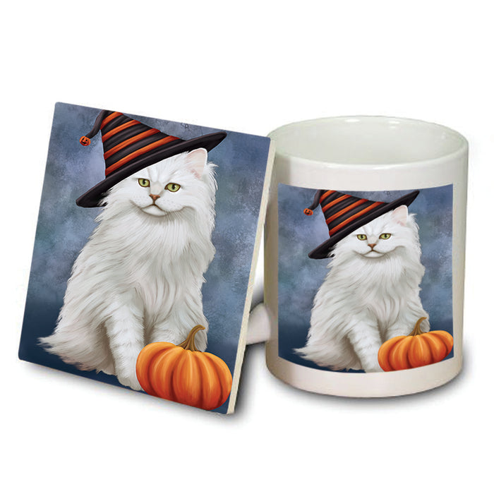 Happy Halloween Tiffany Cat Wearing Witch Hat with Pumpkin Mug and Coaster Set MUC54819