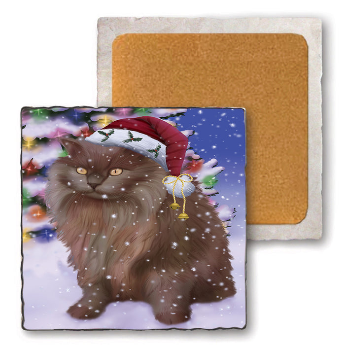 Winterland Wonderland Tiffany Cat In Christmas Holiday Scenic Background Set of 4 Natural Stone Marble Tile Coasters MCST50743