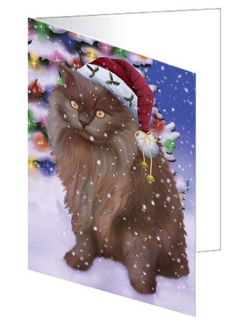 Winterland Wonderland Tiffany Cat In Christmas Holiday Scenic Background Handmade Artwork Assorted Pets Greeting Cards and Note Cards with Envelopes for All Occasions and Holiday Seasons GCD71744