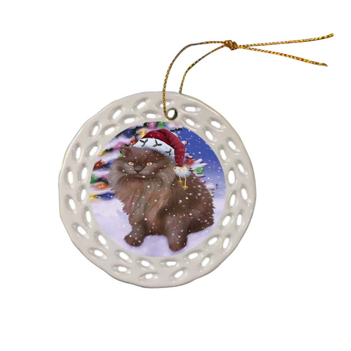 Winterland Wonderland Tiffany Cat In Christmas Holiday Scenic Background Ceramic Doily Ornament DPOR56099