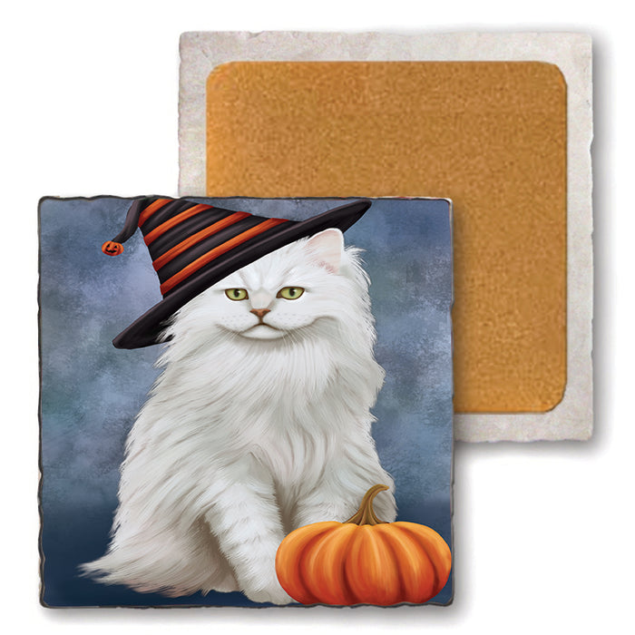 Happy Halloween Tiffany Cat Wearing Witch Hat with Pumpkin Set of 4 Natural Stone Marble Tile Coasters MCST49827