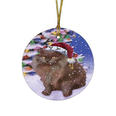 Winterland Wonderland Tiffany Cat In Christmas Holiday Scenic Background Round Flat Christmas Ornament RFPOR56099