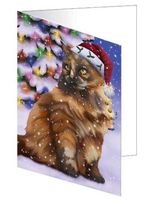 Winterland Wonderland Tortoiseshell Cat In Christmas Holiday Scenic Background Handmade Artwork Assorted Pets Greeting Cards and Note Cards with Envelopes for All Occasions and Holiday Seasons GCD71747