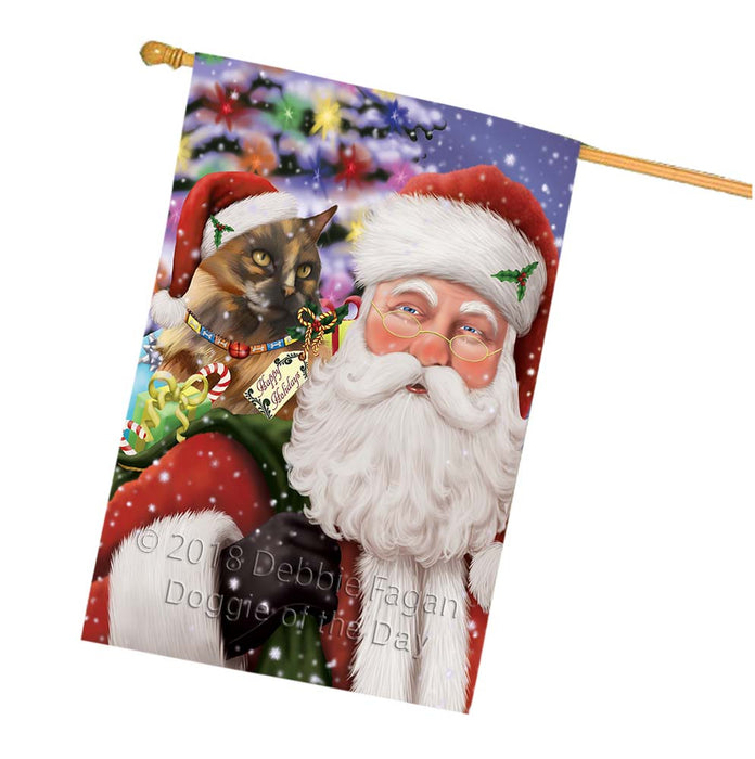 Santa Carrying Tortoiseshell Cat and Christmas Presents House Flag FLG55976