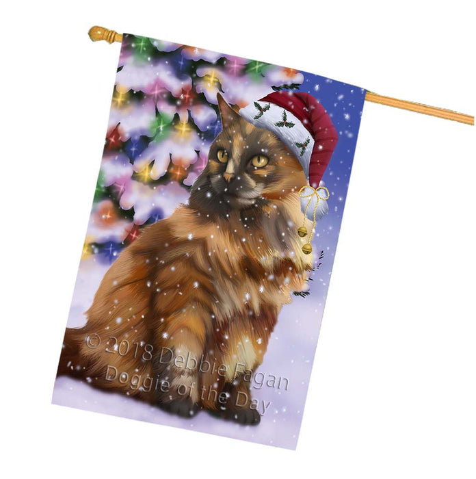 Winterland Wonderland Tortoiseshell Cat In Christmas Holiday Scenic Background House Flag FLG56173