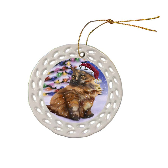Winterland Wonderland Tortoiseshell Cat In Christmas Holiday Scenic Background Ceramic Doily Ornament DPOR56100