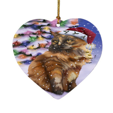 Winterland Wonderland Tortoiseshell Cat In Christmas Holiday Scenic Background Heart Christmas Ornament HPOR56100
