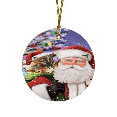 Santa Carrying Tortoiseshell Cat and Christmas Presents Round Flat Christmas Ornament RFPOR55903