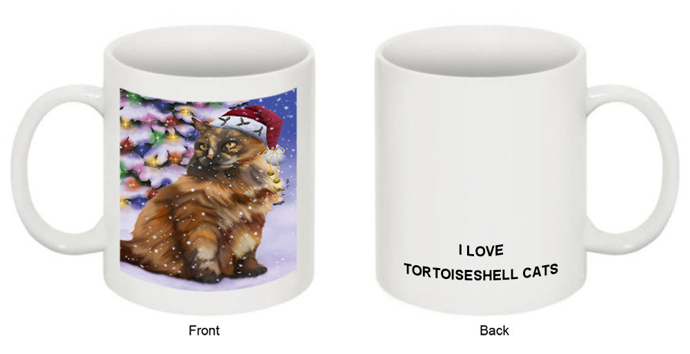 Winterland Wonderland Tortoiseshell Cat In Christmas Holiday Scenic Background Coffee Mug MUG51142