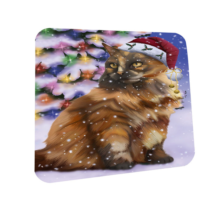 Winterland Wonderland Tortoiseshell Cat In Christmas Holiday Scenic Background Coasters Set of 4 CST55702