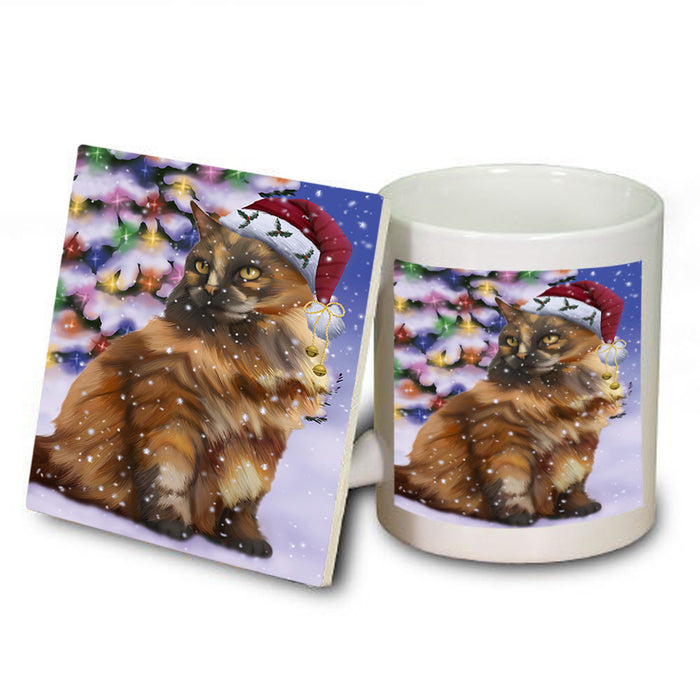 Winterland Wonderland Tortoiseshell Cat In Christmas Holiday Scenic Background Mug and Coaster Set MUC55736
