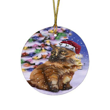 Winterland Wonderland Tortoiseshell Cat In Christmas Holiday Scenic Background Round Flat Christmas Ornament RFPOR56100