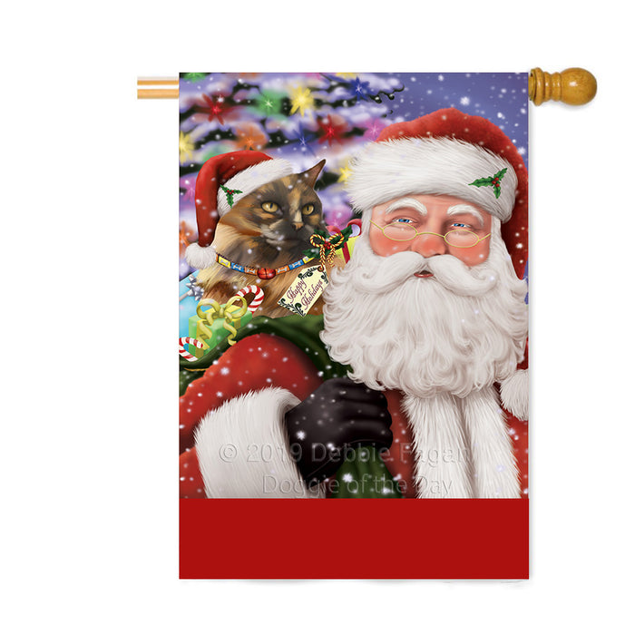 Personalized Santa Carrying Tortoiseshell Cat and Christmas Presents Custom House Flag FLG-DOTD-A63547