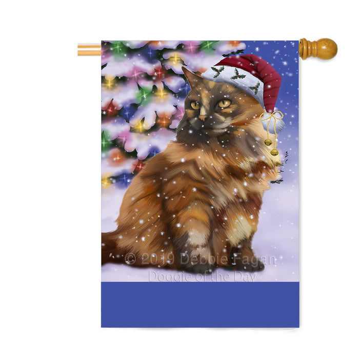 Personalized Winterland Wonderland Tortoiseshell Cat In Christmas Holiday Scenic Background Custom House Flag FLG-DOTD-A61483
