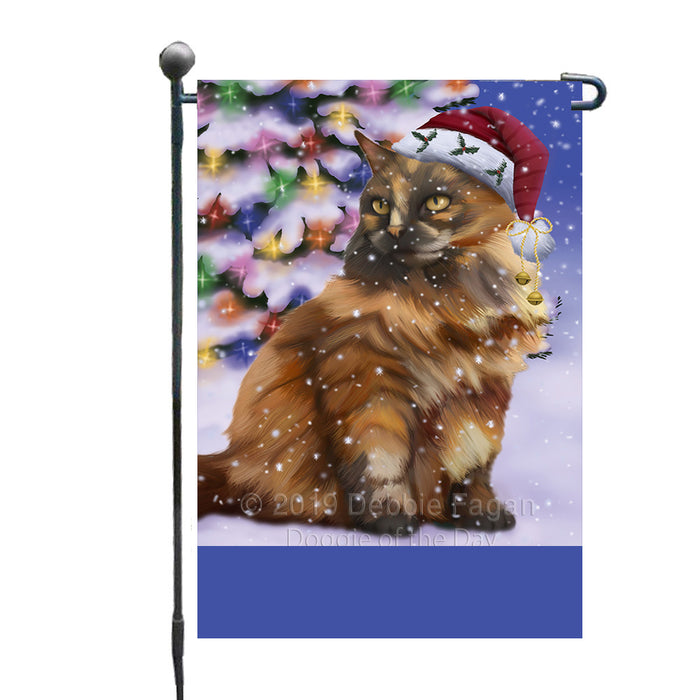 Personalized Winterland Wonderland Tortoiseshell Cat In Christmas Holiday Scenic Background Custom Garden Flags GFLG-DOTD-A61427